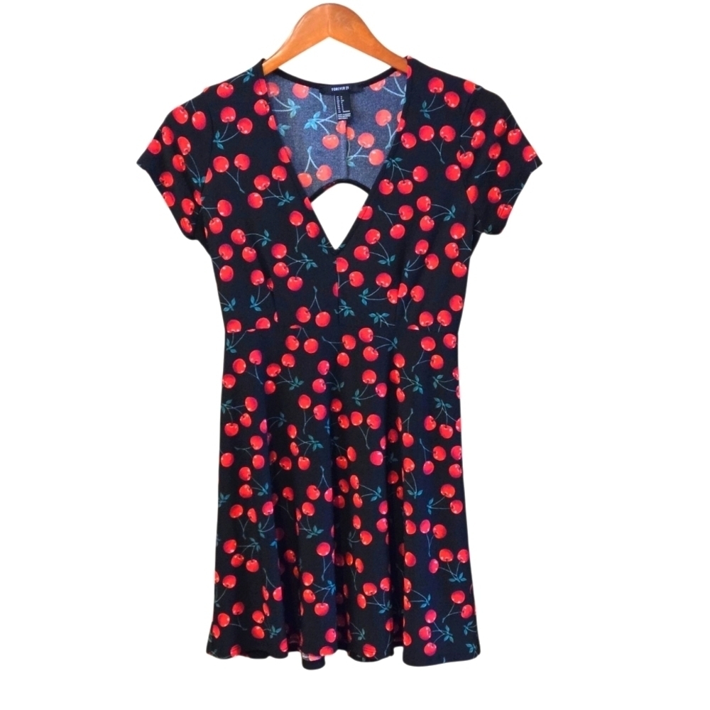 Forever 21 Open Back Cutout Cherry 🍒 Print Black Background Dress Women Size S